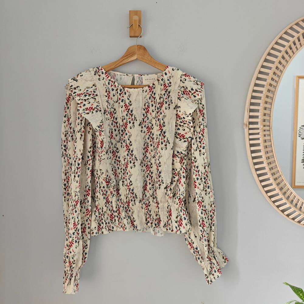 SEZANE Tasha Pleated Floral Ruffle Blouse Cream Multicolor Size 40 US 8